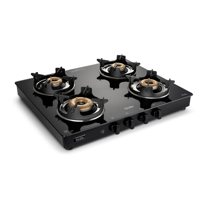 4 Burner Glass Gas Stove with High Flame Brass Burner and Crown Pan Supports (CT 1042 GT BB BL HF CP) - Manual/Auto Ignition