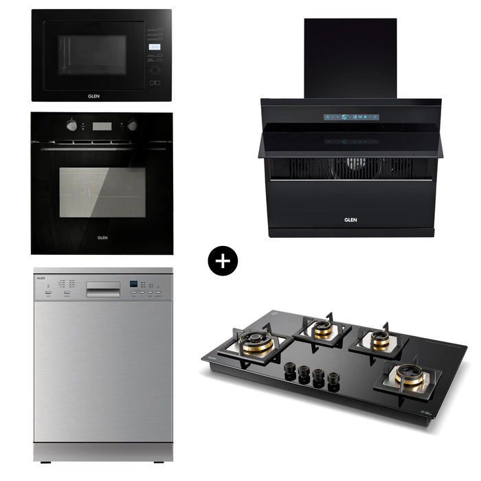 Built-In-Oven 661 Touch MR+Turbo (BO-661MRT) + Glen Built-In-Microwave 25L (MO-678) + Dishwasher SS Panel 7721J (DW-7721J) + Built in Hob (BH1094XLCIHTTDBTR) + Cooker Hood 6073 Auto Clean (CH6073AC90)