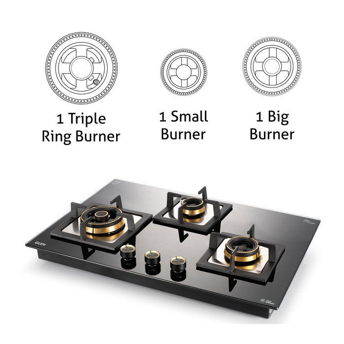 3 Burner Extra Large Glass Gas Hob Top with Triple Ring, Total Double Ring Brass Burner with Flame Failure Device Auto Ignition (1073XLCIHTTDBS)