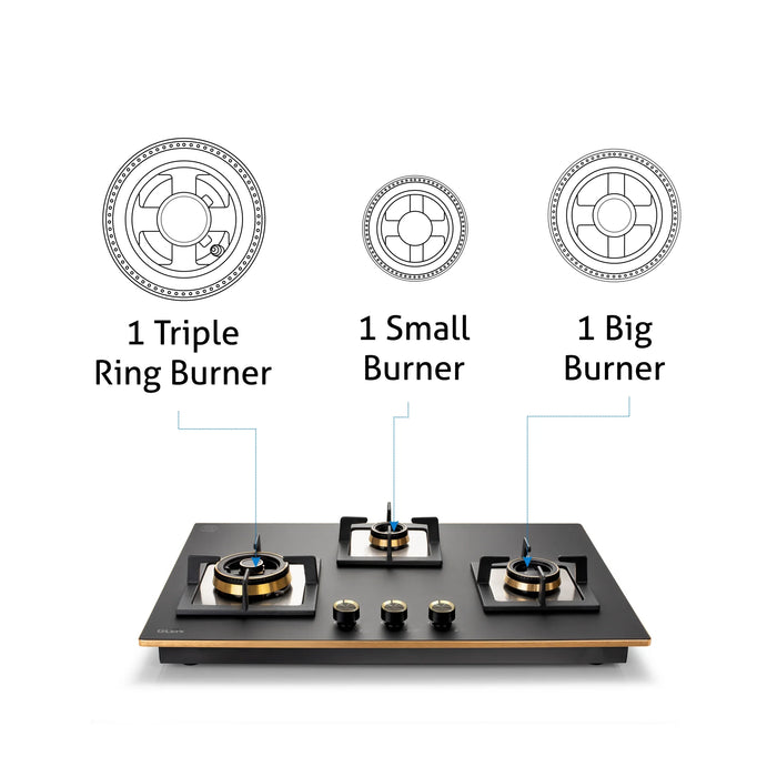3 Burner Glass Hob Top Mini Triple Ring Burner Total Brass Burners with Flame Failure Device Auto Ignition (1073XLCIHTTTRMGS)