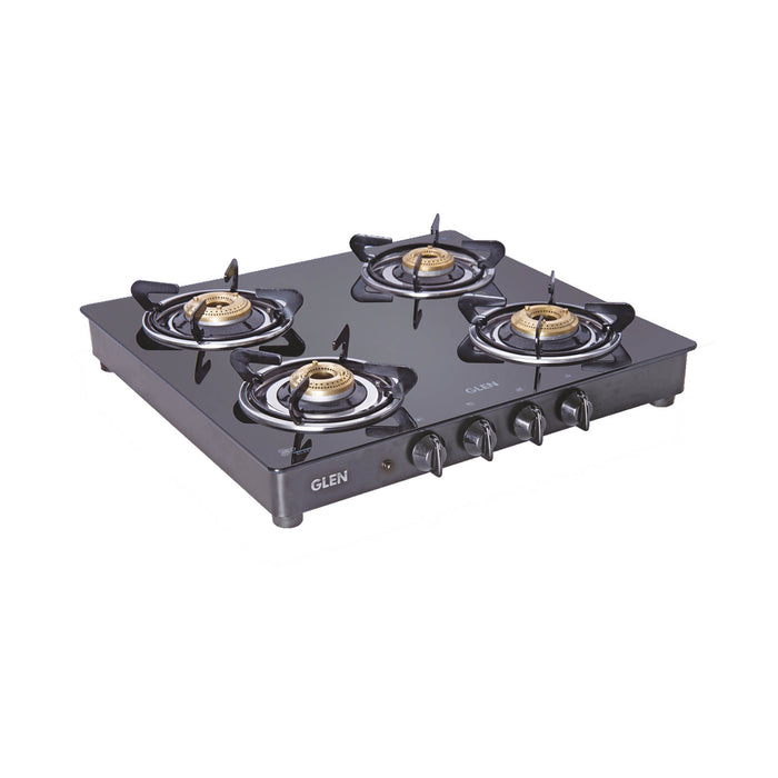 4 Burner Glass Gas Stove with Brass Burner, Black (1043 GT BB BL) - Manual/Auto Ignition