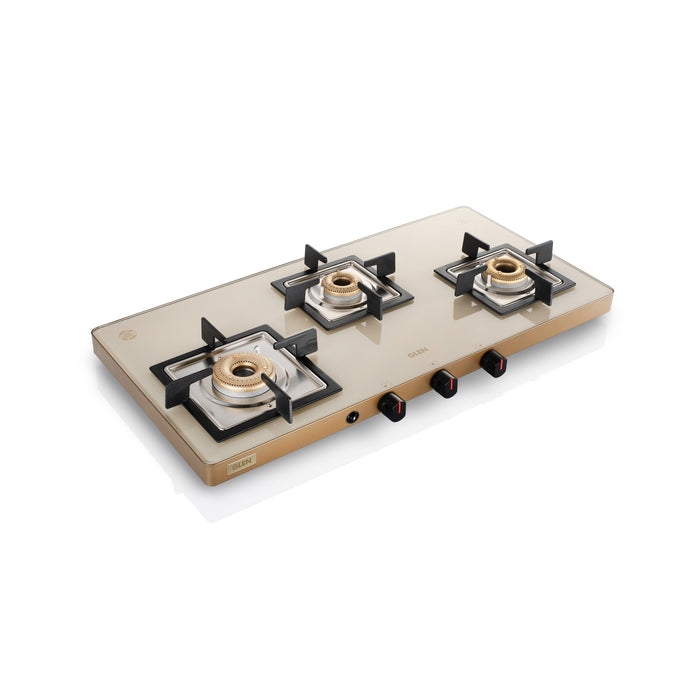 3 Burner Ultra Slim Apricot Glass Gas Stove with High Flame Forged Brass Burner - Manual / Auto Ignition (1035 US)