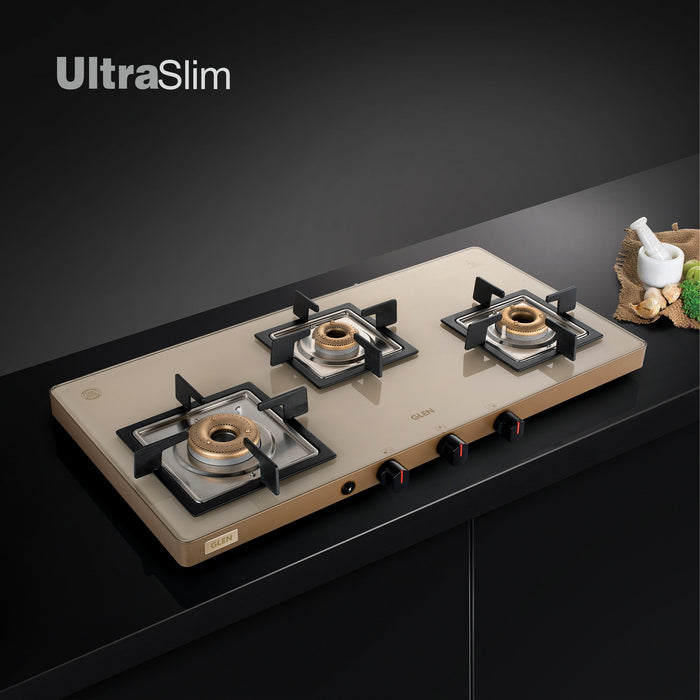 3 Burner Ultra Slim Apricot Glass Gas Stove with High Flame Forged Brass Burner - Manual / Auto Ignition (1035 US)