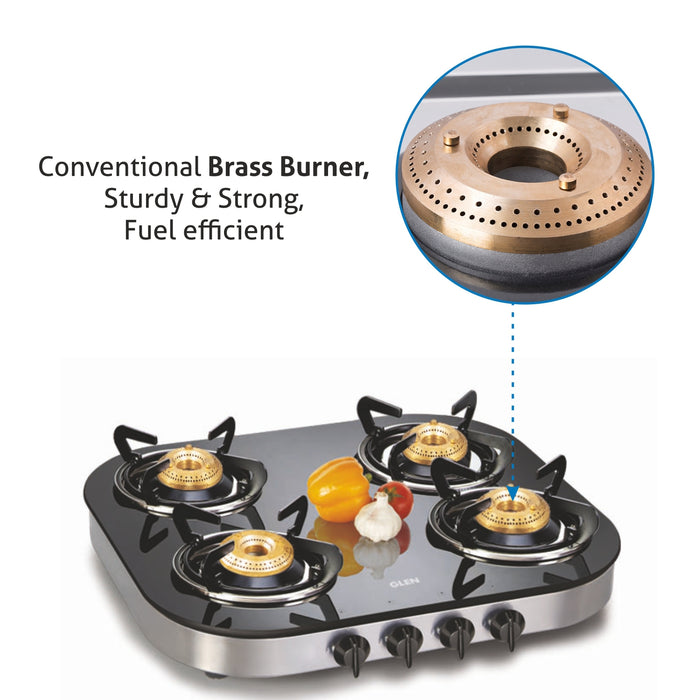 4 Burner Glass Gas Stove 1 High Flame 3  Brass Burner Round Corners (1046 GT) - Manual/Auto Ignition