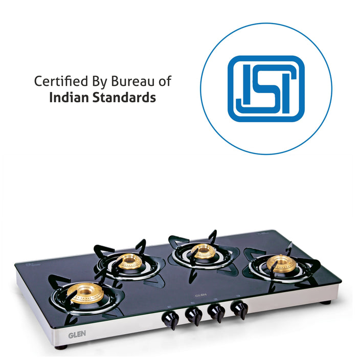 4 Burner Glass Gas Stove Extra Wide 1 High Flame 3 Brass Burners (1044 GTXL) - Manual/Auto Ignition