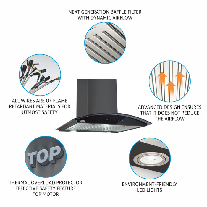 Kitchen Chimney Curved Glass with Touch Sensor Baffle filter 60cm 1250 m3/h - Black (6071 TS BL)