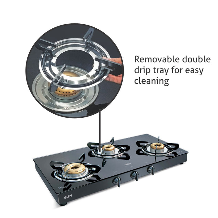 3 Burner Glass Gas Stove High Flame Forged Brass Burner XL Double Drip Tray Black (1033 GTXLFBBLDD) - Manual/Auto Ignition