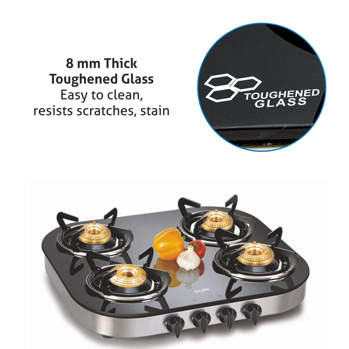 4 Burner Glass Gas Stove 1 High Flame 3  Brass Burner Round Corners (1046 GT) - Manual/Auto Ignition