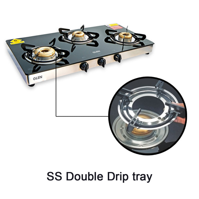3 Burner Glass Gas Stove High Flame Forged Brass Burner XL Double Drip Tray (1033 GTXLFBDD) - Manual/Auto Ignition