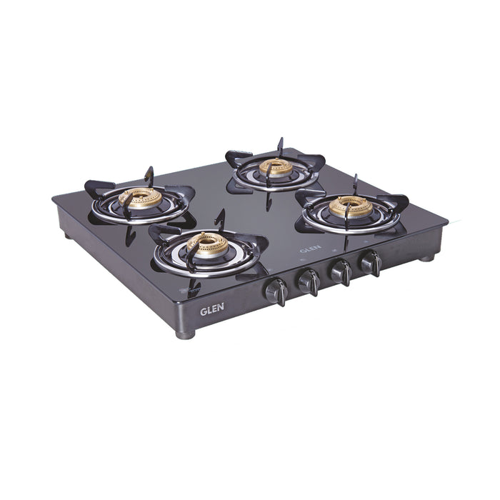 4 Burner Glass Gas Stove with Brass Burner, Black (1043 GT BB BL) - Manual/Auto Ignition
