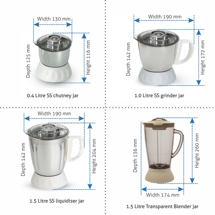 Mixer Grinder 750W 100% Copper Motor, 1 Transparent Jar, 3 Stainless Steel Jars, - White (4022 PLUS)